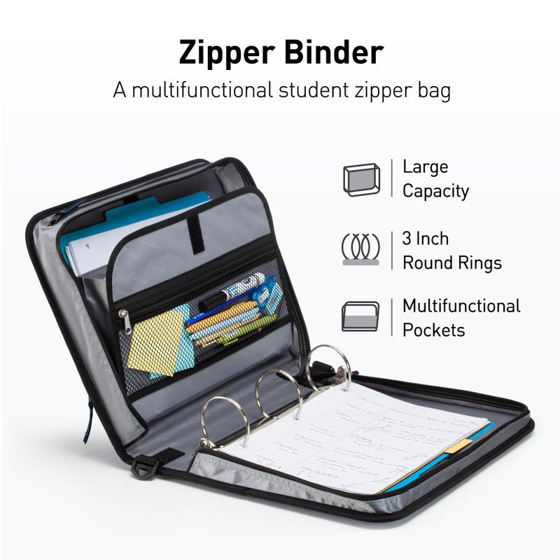 Kinbashi 3-Inch 3 Round Rings Zipper Binder, Handle and Shoulder Strap Included, Blue - Image 2